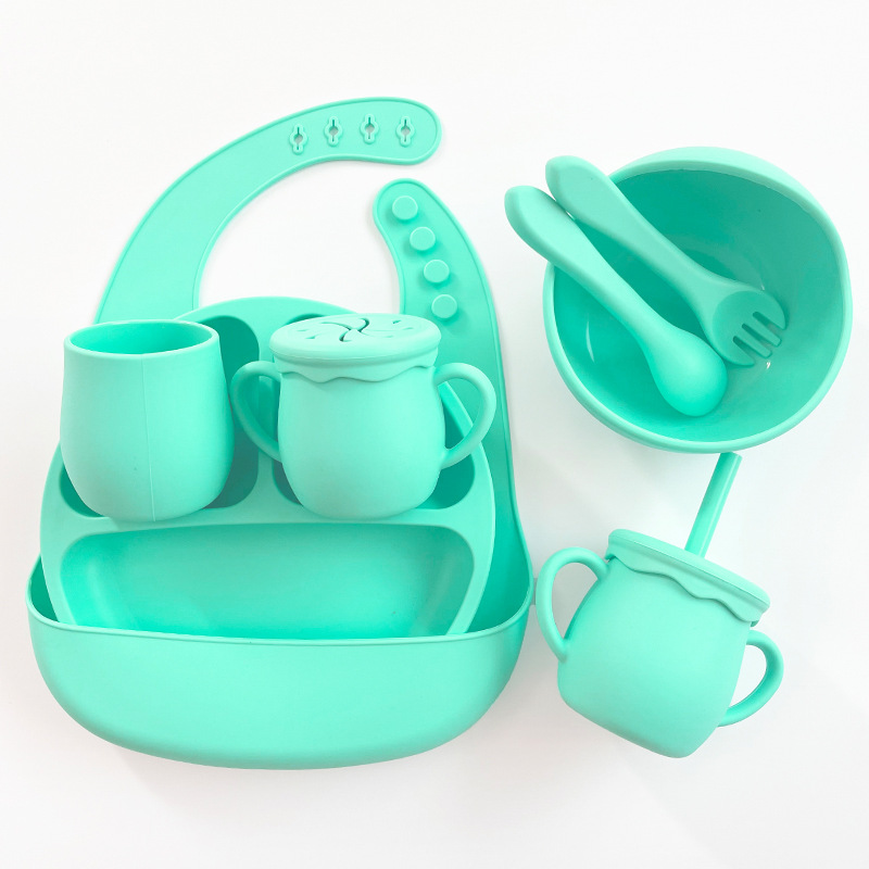 Cross-Border Hot-Selling Children's Tableware Baby Suction Cup Anti-Fall Plate Food-Grade Silicone Baby Bib Fork Spoon Plate