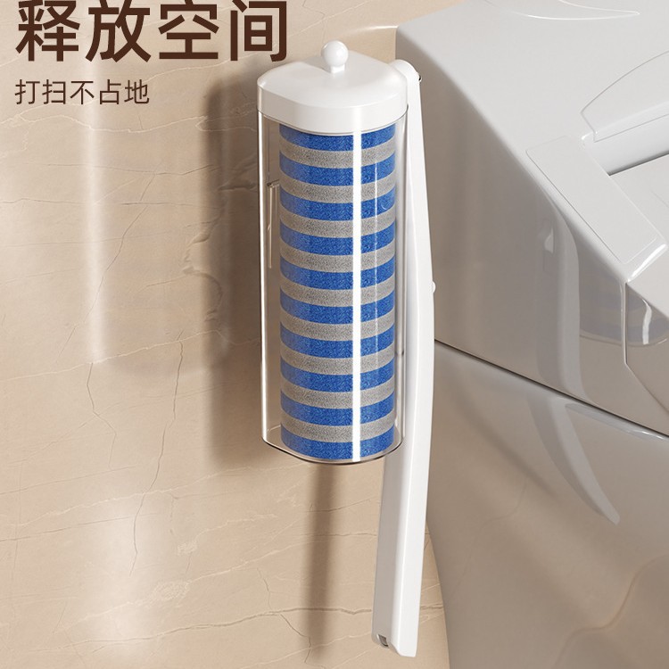 흰색 커버가 있는 투명한 긴 변기 브러시