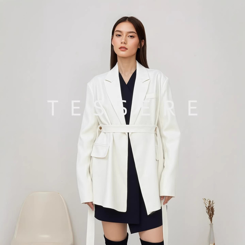 Cross-Border Loose Design Niche Wide-Shoulder Ribbon Mid-Length Drapey White Blazer for Women Black Spring and Autumn Suit