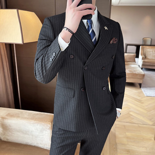2025 Spring and Autumn Men's Yarn-Dyed Fabric Suit Suit Double-Breasted Striped Suit Three-Piece Suit Men's Formal Dress
