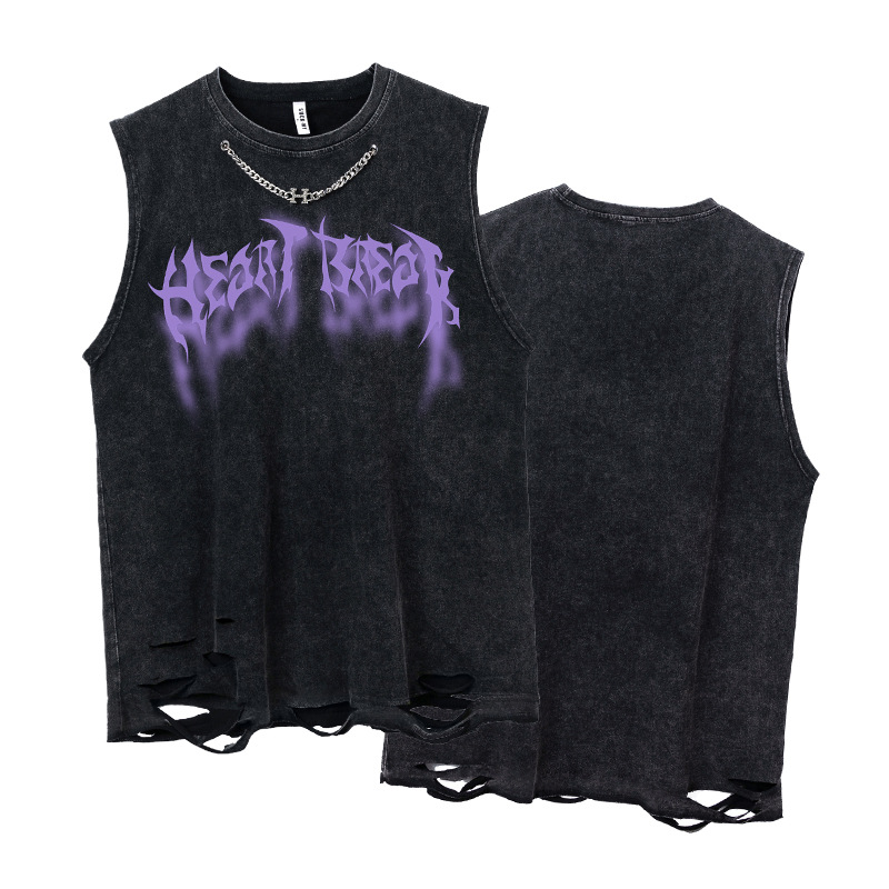 American-style distressed vest, vintage-style washed sleeveless t-shirt, men's loose straight cut drop shoulder top