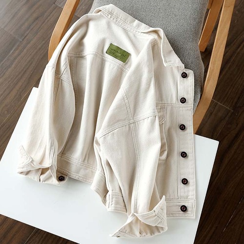 Gentle milky white color!  Single-breasted loose slim denim short jacket for women  spring new style