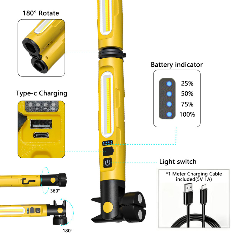 New emergency auto repair light, multifunctional magnetic connection repair work light, outdoor rechargeable lighting with hook