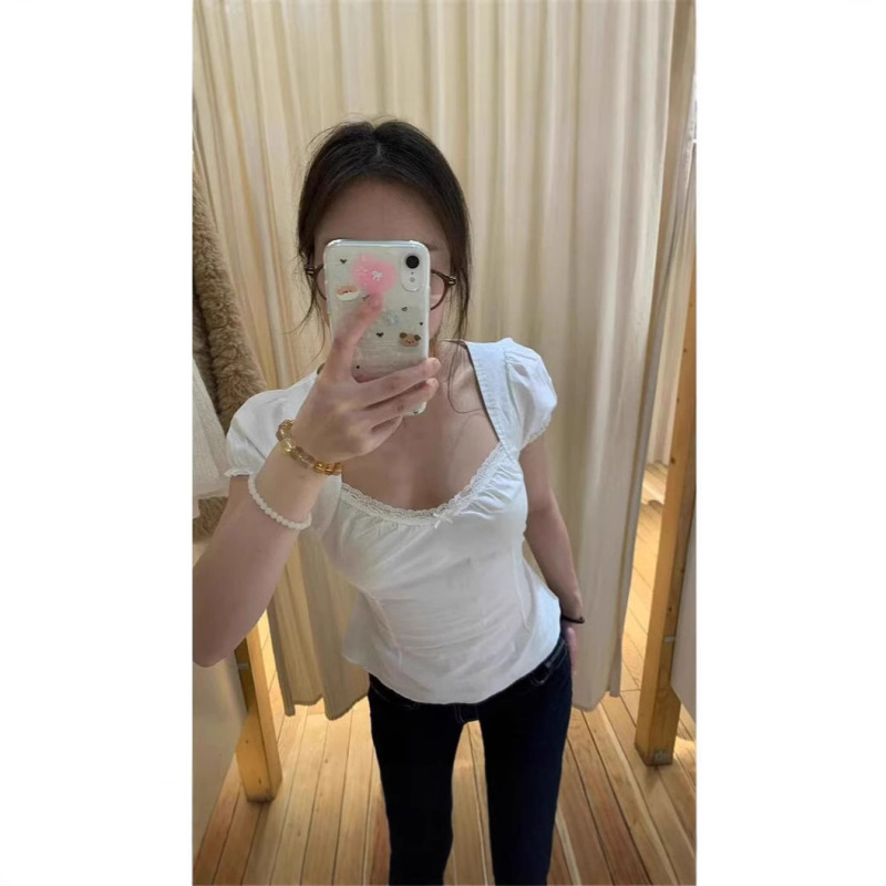 BM Style American Style White Lace Trim Square Collar Bubble Sleeve Short-sleeved Shirt Women's Bm All-match Tight Waist Lace-up Short Top