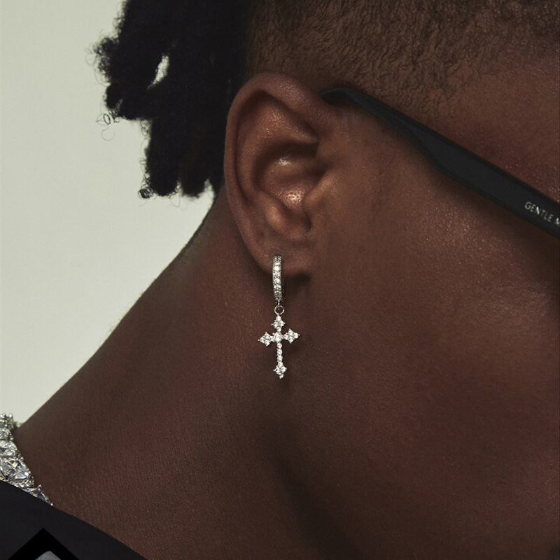 10g Weight White Gold Plated Plating Material Zircon Inlay Material Drop Earrings Classification 1 Pair Hip-hop Cross Inlay Copper Zircon White Gold Plated Drop Earrings