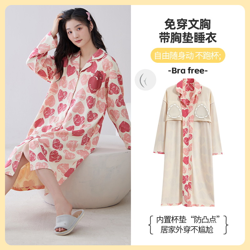 Camisa camisón Mujer con almohadilla en el pecho Primavera y otoño manga larga algodón estilo coreano cardigan otoño e invierno largo sexy ropa suelta para el hogar