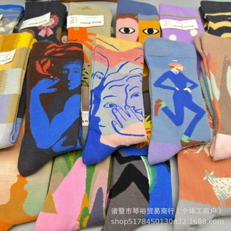 Trendy Bonne Maison Women's Mid-Calf Socks Fun Oil Painting Foreign Trade Versatile New Fashion Women's Socks Wholesale