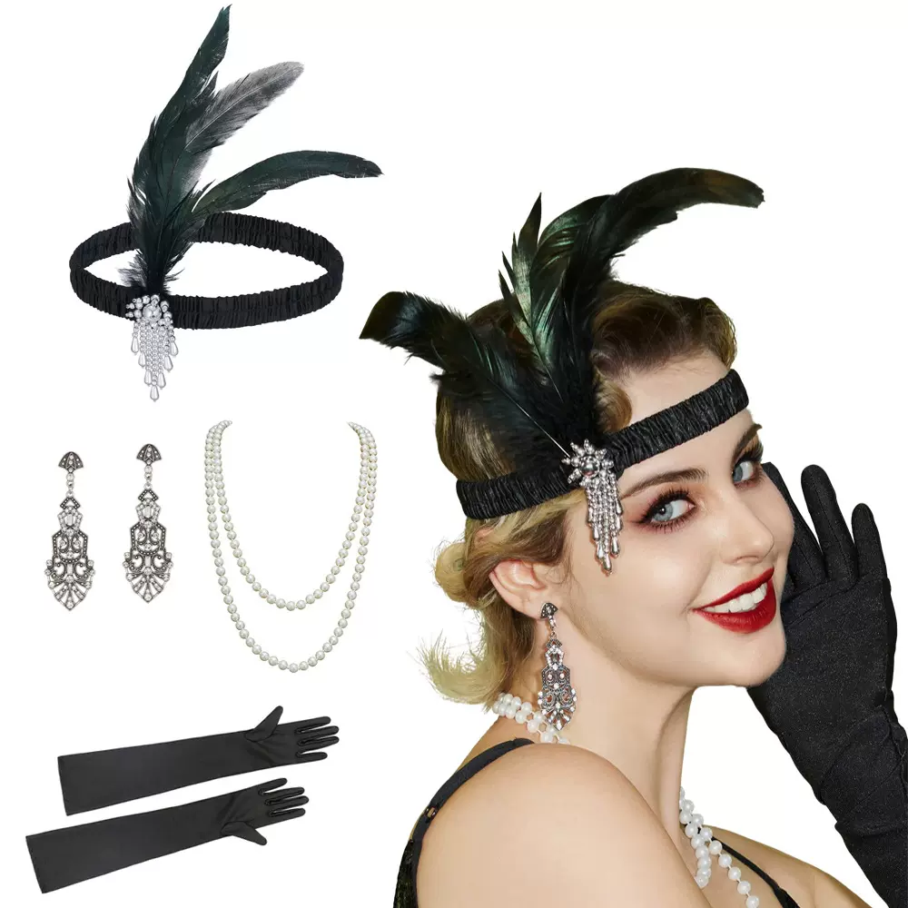 1920s羽毛发带头饰化妆舞会单身晚会派对配饰四件套女士饰品装扮