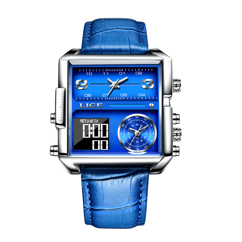 Lige 8925 nuevo cinturón cuadrado doble pantalla personalidad creativa electrónica cuarzo reloj de los hombres frescos