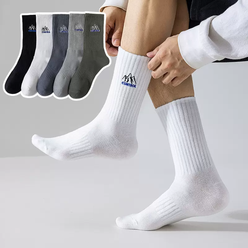 纯色袜子男女山体刺绣深色系透气舒适棉袜吸汗情侣休闲运动中筒袜