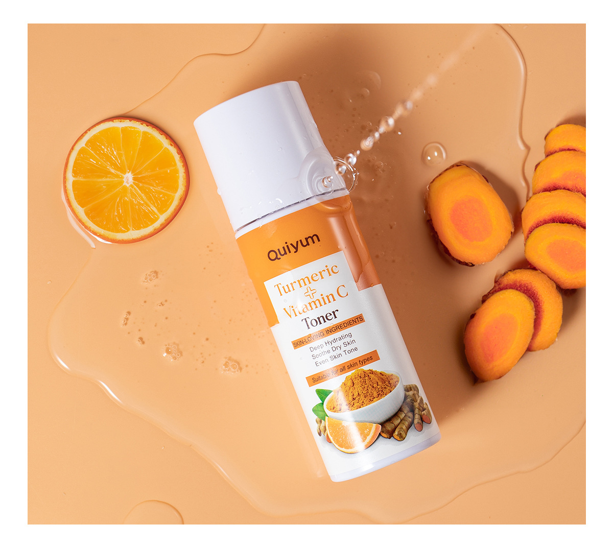 Cross-border new product QUIYUM Turmeric Vitamin c Toner 100ml for hydrating and moisturizing the face is available for wholesale from the manufacturer undefined