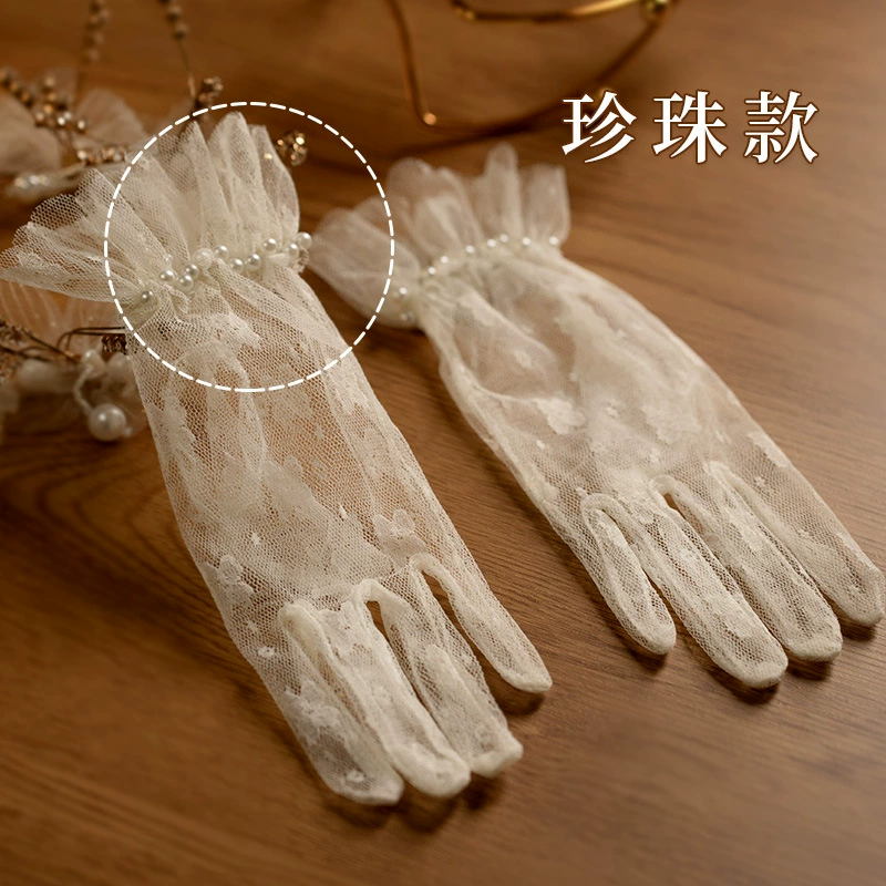 Wedding dress for bride, retro lace short gloves with bow from pearl, high-quality style