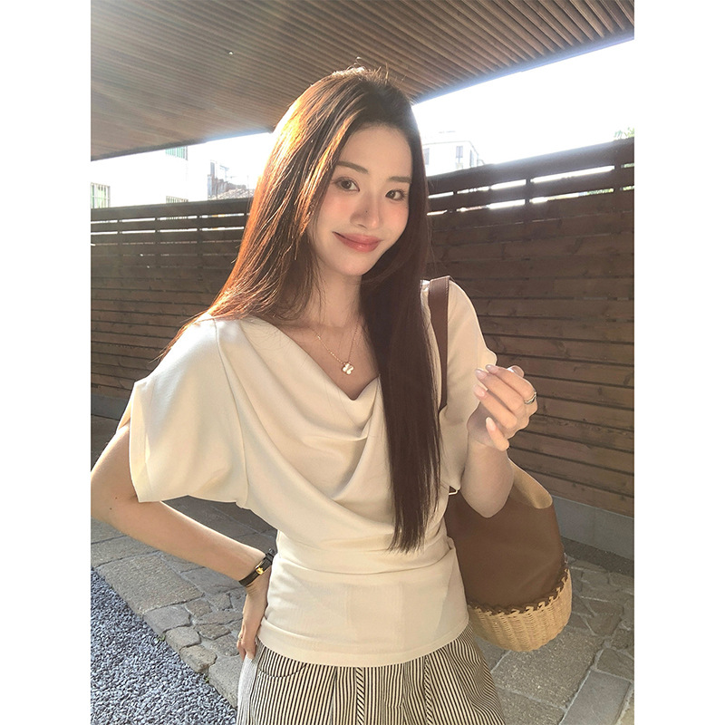 法式白色荡领短袖T恤女夏季高级感收腰显瘦通勤百搭气质上衣女装