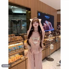 秋季网红风粉色条纹连帽上衣背心阔腿长裤甜辣三件套女