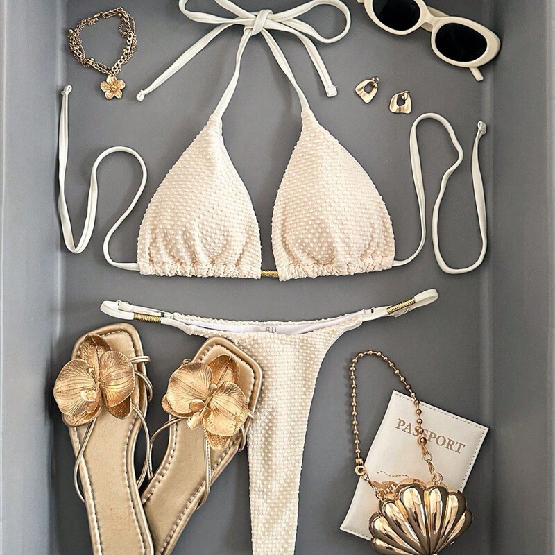 2026 New Pure Color Bikini European and American Sexy Metal Lace Bikini Women's Thong Split Swimsuit 2026 New Pure Color Bikini European and American Sexy Metal Lace Bikini Women's Thong Split Swimsuit