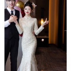 レーストーストドレス花嫁2025新しい新しい中国風チャイナドレス婚約ドレスドレスは通常フィッシュテールガールを着ることができます