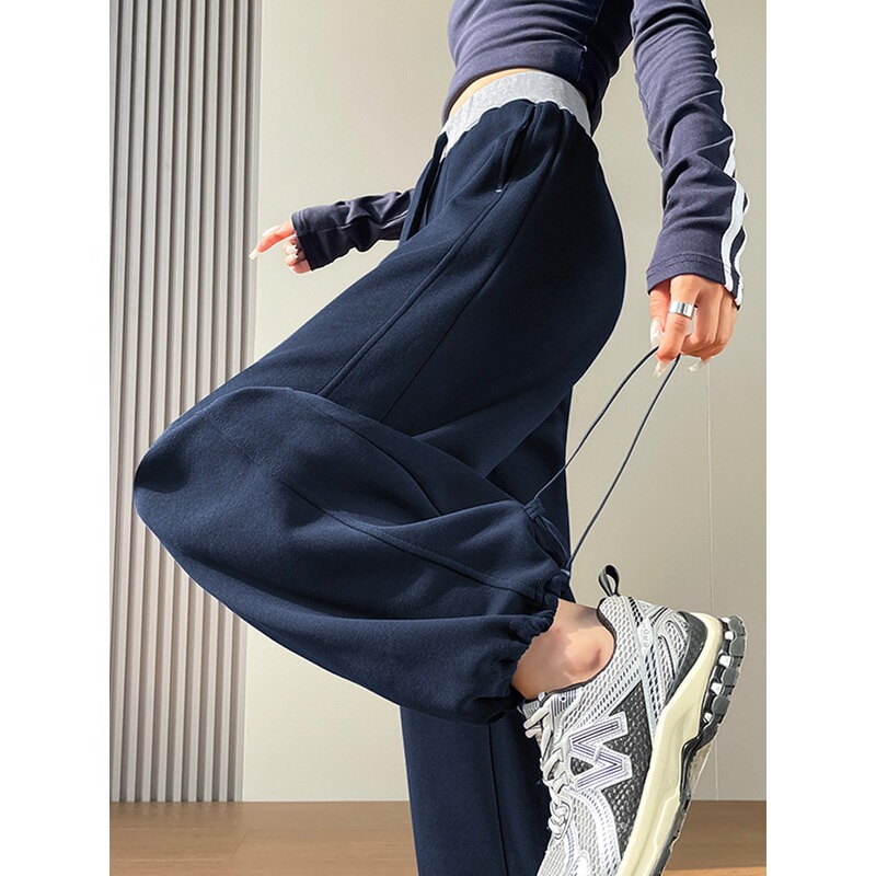 Navy Blue American-Style Sports Sweatpants for Women, Autumn 2025 New Model, Spliced High-Waisted Drawstring Jogger Two-Way Wide-Leg Scimitar Pants