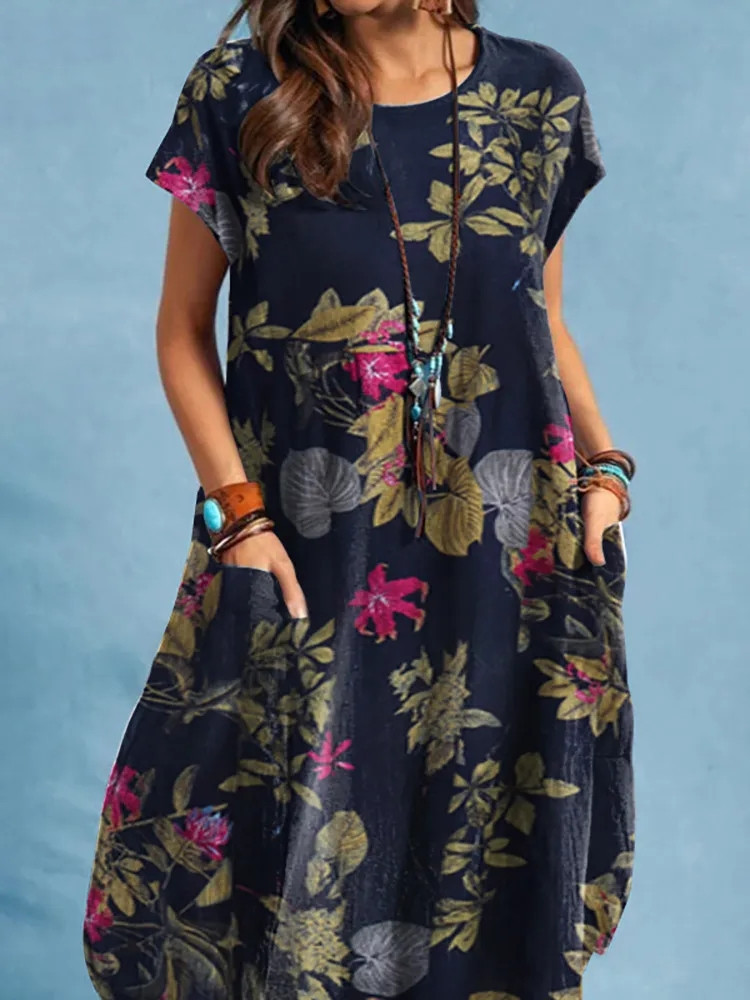 118g Weight Midi Dress Dress Length Type Wholesale Women'S Vintage Style Plant Holiday Round Neck Short Sleeve Irregular Skirt