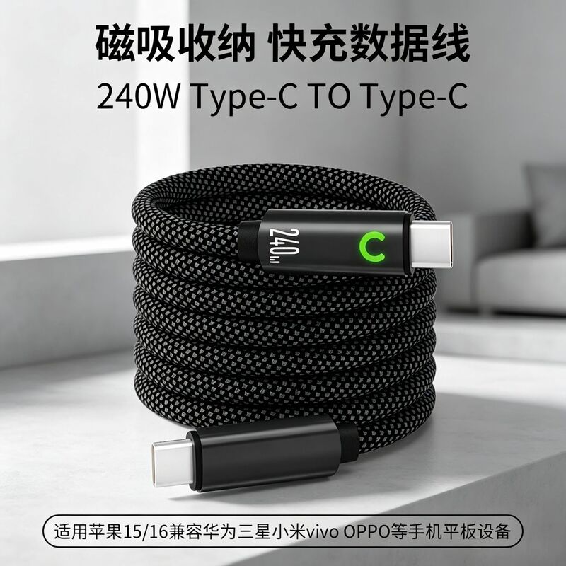 240W Magnetic Fast Charging Data Cable Compatible with Tablets, Apple, Samsung, Huawei, Dual Type-C Magnetic Charging Cable 240W Magnetic Fast Charging Data Cable Compatible with Tablets, Apple, Samsung, Huawei, Dual Type-C Magnetic Charging Cable
