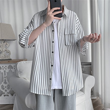 条纹衬衫男夏季薄款五分半袖工装上衣服韩版潮流休闲大码短袖衬衣