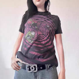 2024秋冬新款复古圆领上衣拼接印花T恤 万圣节时尚女装辣妹