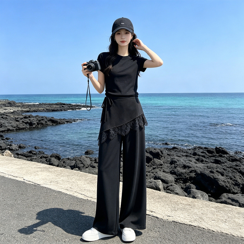 European Casual Sports Suit for Women, Summer 2026 New Fashion Design, Lace Splicing Wide-Leg Pants Two-Piece Set