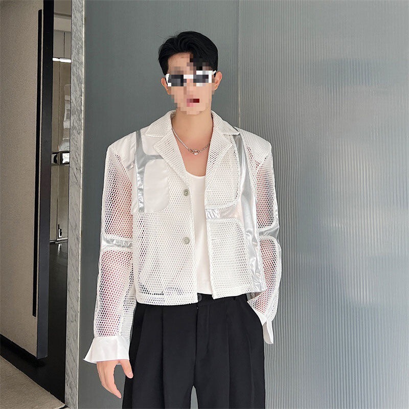Early Autumn Niche Mesh Hollow Suit Men's Short Design Korean Style Casual Trendy Brand Structure Sun Protection Suit Jacket