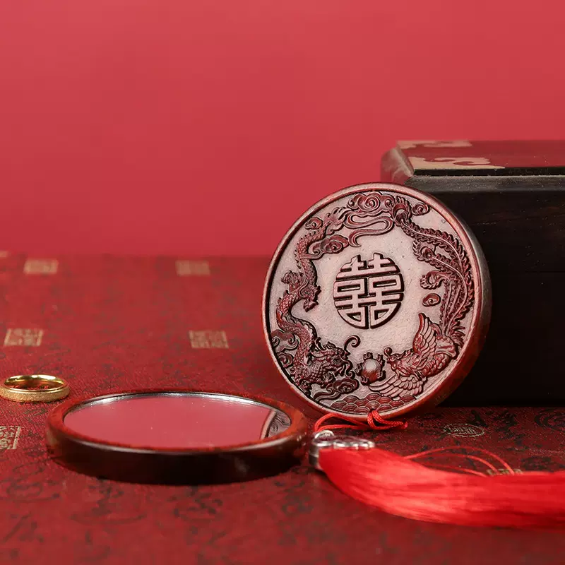 紫檀木中式圆形小镜子随身便携古风雕刻结婚梳妆镜子小巧精致实木