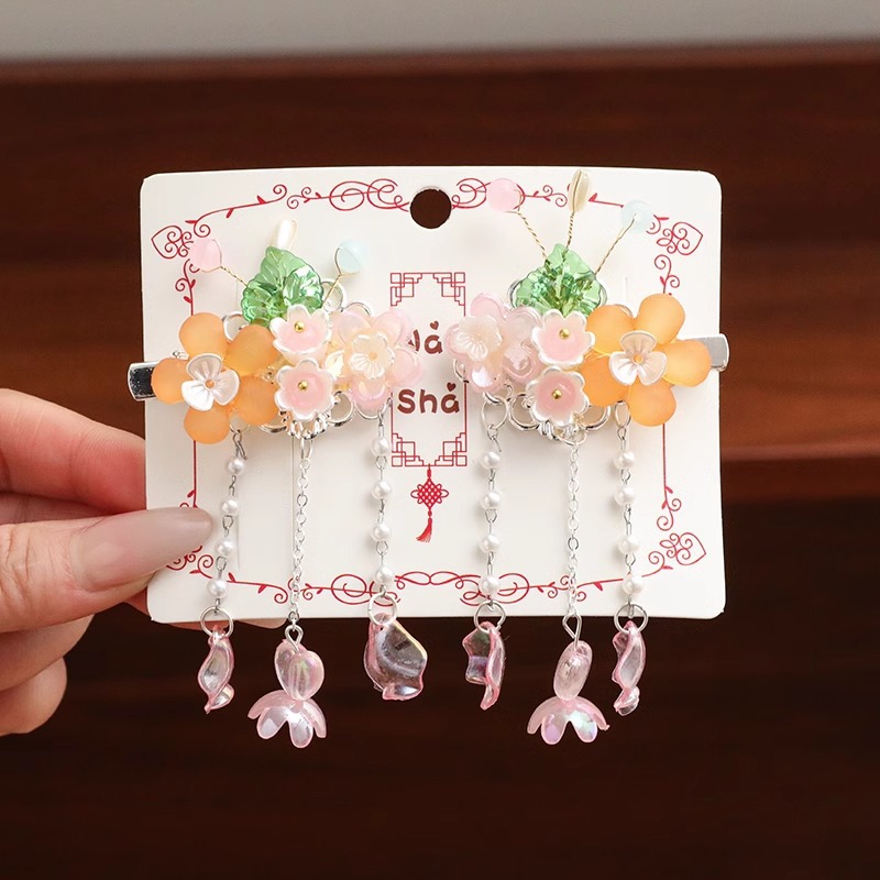 Horquilla de los niños estilo antiguo hanfu tocado lindo perla flor borla clip bebé cinta accesorios para el cabello