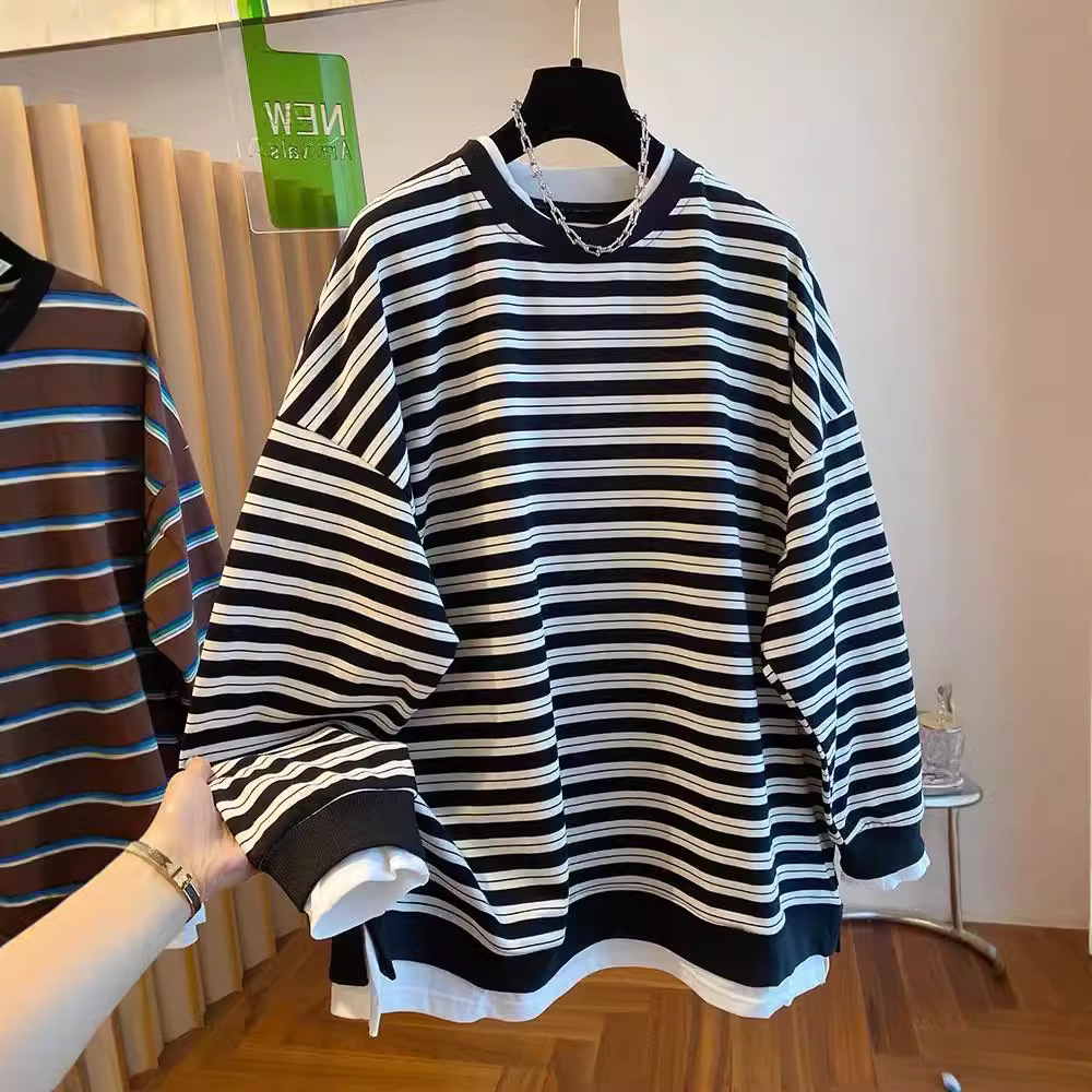 【胖妹妹】春秋新款条纹长袖卫衣女宽松休闲大版薄款假两件上衣服