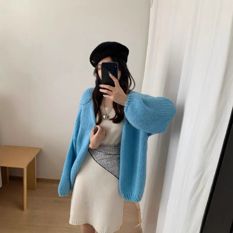 韩系秋冬新款宽松纯色粗针v领简约灯笼袖毛衣开衫长袖开衫外套|undefined