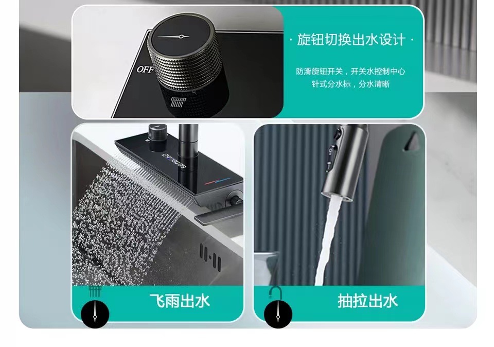 The kitchen is equipped with a universal all-copper digital display hot and cold sink faucet that can be pulled out like a flying rain waterfall undefined