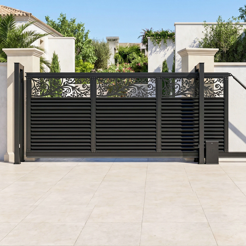 Sliding Villa Gate with Semi-Privacy Louvered Carved Aluminum Design, Smart Electric Anti-Rust Anti-Pinch Courtyard Sliding Door Sliding Villa Gate with Semi-Privacy Louvered Carved Aluminum Design, Smart Electric Anti-Rust Anti-Pinch Courtyard Sliding Door