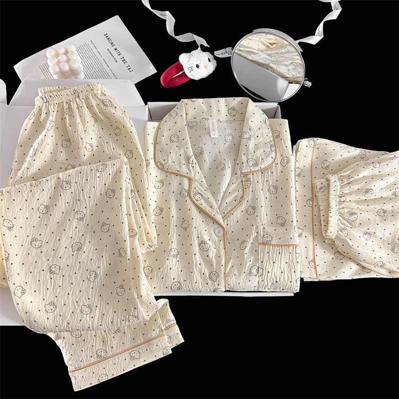 Pijamas de amor dulce de color, pantalones de manga corta de hilo de algodón de nube de verano para mujer, cárdigan de tres piezas, servicio a domicilio