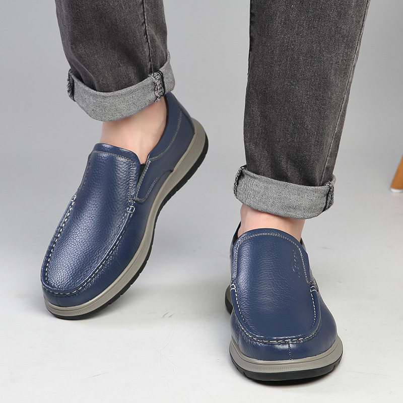 Giày lười nam da bò mũi tròn gót thấp 1–3 cm, kiểu mới mùa thu đông — Bông xanh, Bông đen, Màu xanh da trời, đen