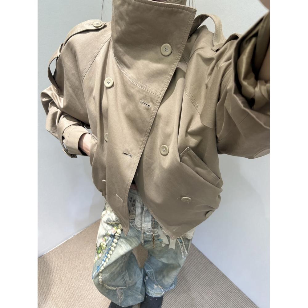 Korean Chic Lyocell Cotton Stand Collar Silhouette Double-Breasted Short Outwear Loose Top Women's Windbreaker Jacket Autumn New Style