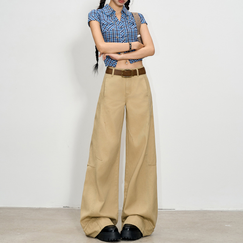 卡其色牛仔裤女2025年新款时尚潮流夏季高腰拼接宽松拖地阔腿裤子|undefined
