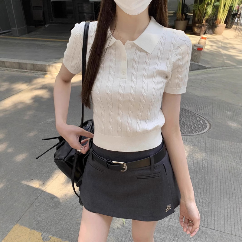 Old Qian Feng polo collar hemp pattern knitted short sleeve women's spring and summer shoulder base short T-shirt top