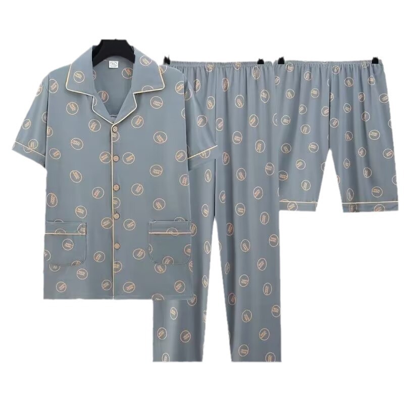 Pijama de hombre de algodón de verano de mangas cortas pantalones largos de tres piezas delgados de ropa de casa de jóvenes y medianos más tamaño conjunto