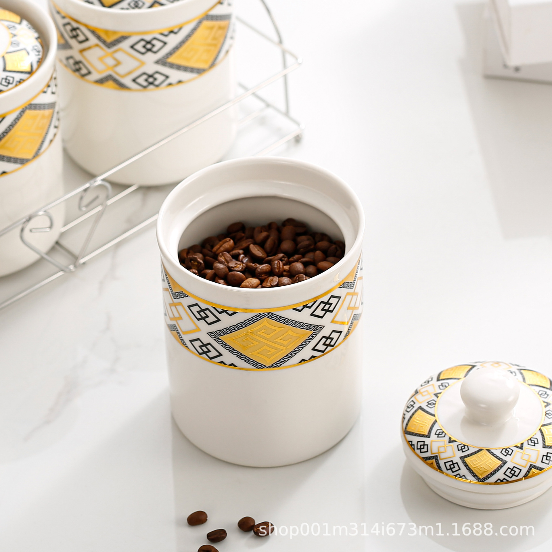 Tanque de sellado de cerámica exportado transfronterizo tanque de almacenamiento cubierta de madera tanque de almacenamiento de té de cocina condimento lata de café set