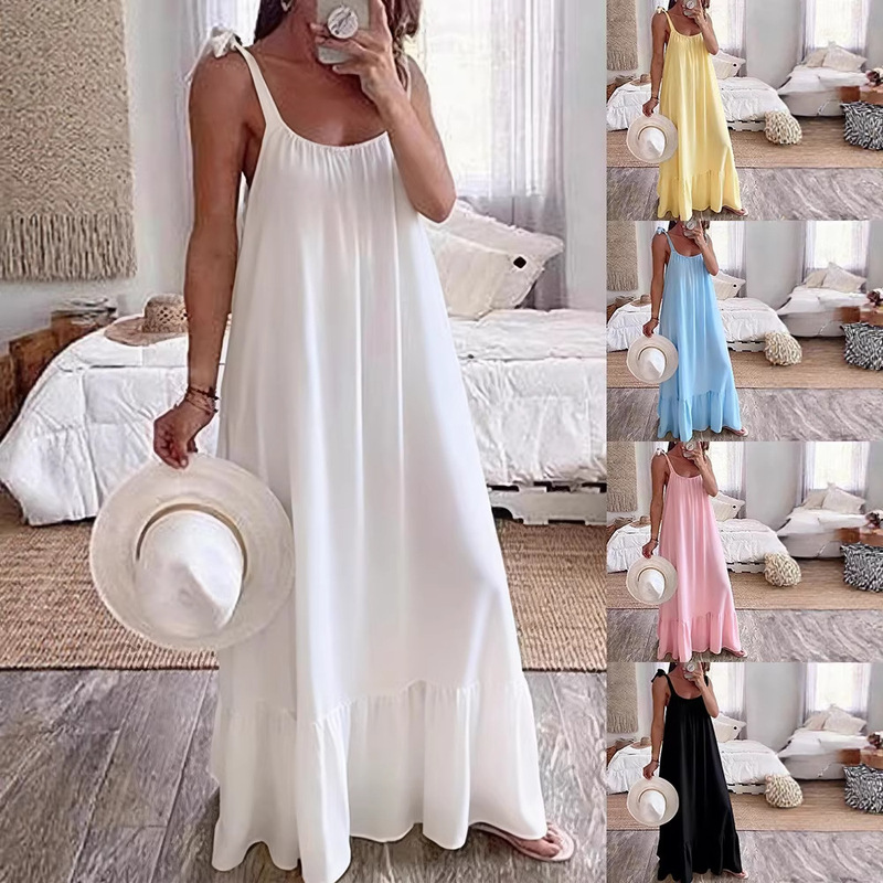 2026 New Foreign Trade Cross-Border Women's Clothing Casual Strapless U-Neck Regular Ruched Multi-Color Women's Long Dress