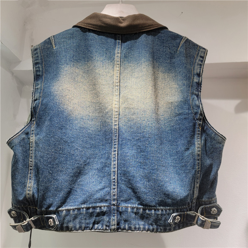 Nicho de diseño de color impactante empalme chaleco de vaquín sin mangas chaleco de moda femenino universal corto chaqueta de clip de caballo