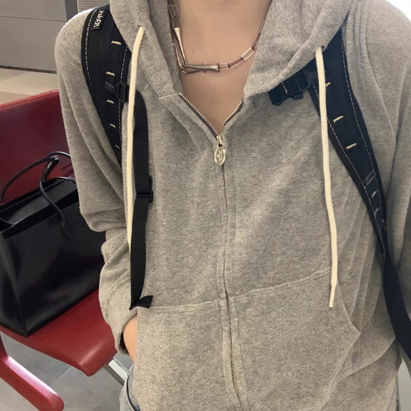 Ready Stock Terry Cloth Hooded Cardigan Gray Zipper Sweatshirt Jacket Autum Korean Style Lazy Style the Barnn*T