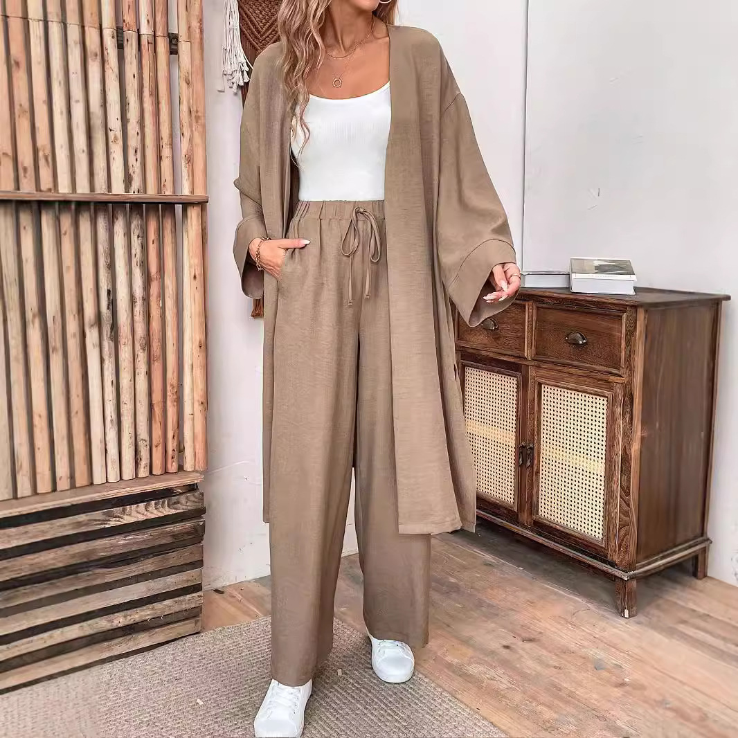 Women's Clothing new loose long cardigan top wide leg pants two piece suit_voghion.com