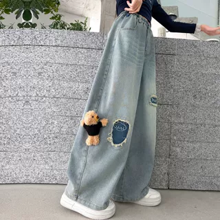 女童牛仔裤春秋款2026新款儿童春季宽松阔腿裤外穿12岁女孩裤子10