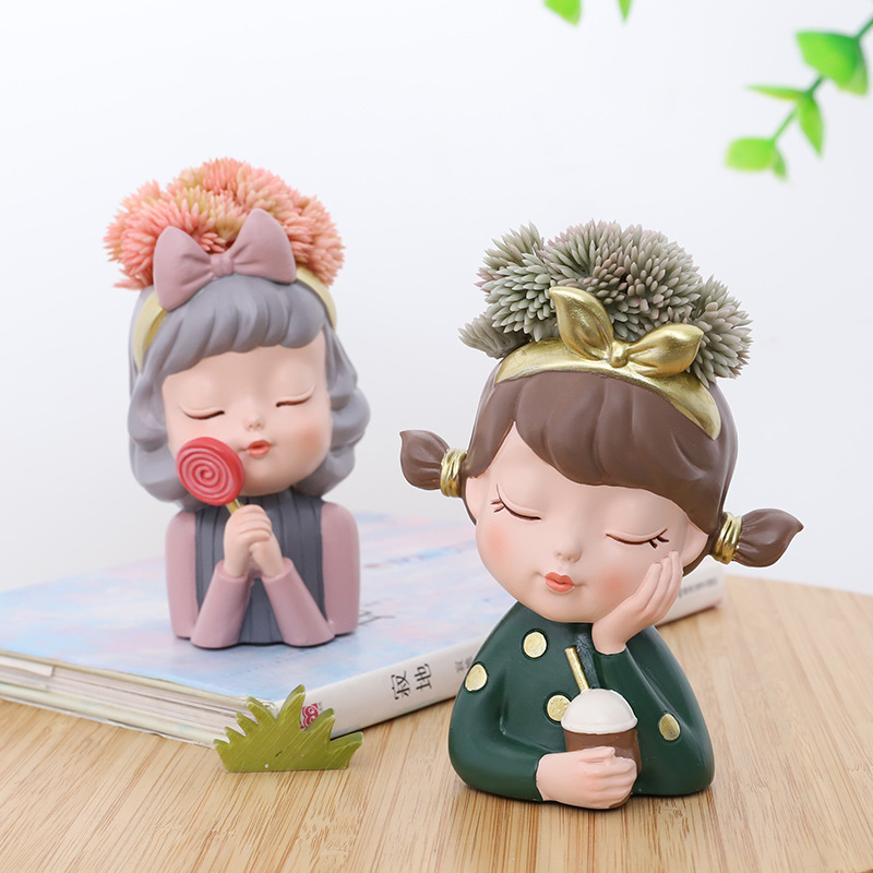 Chậu Cây Resin Chậu cây mọng nước hình cô gái resin phong cách châu Âu, chậu mini để bàn, trang trí cây xanh (RG-92)