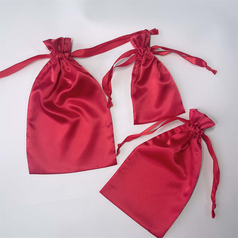紅色仿真絲眼罩收納袋禮品袋現貨可印刷logo綢緞束口色丁布袋