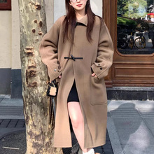 毛呢外套女韩系软糯中长牛角扣休闲双面羊毛大衣系腰带羊毛呢大衣