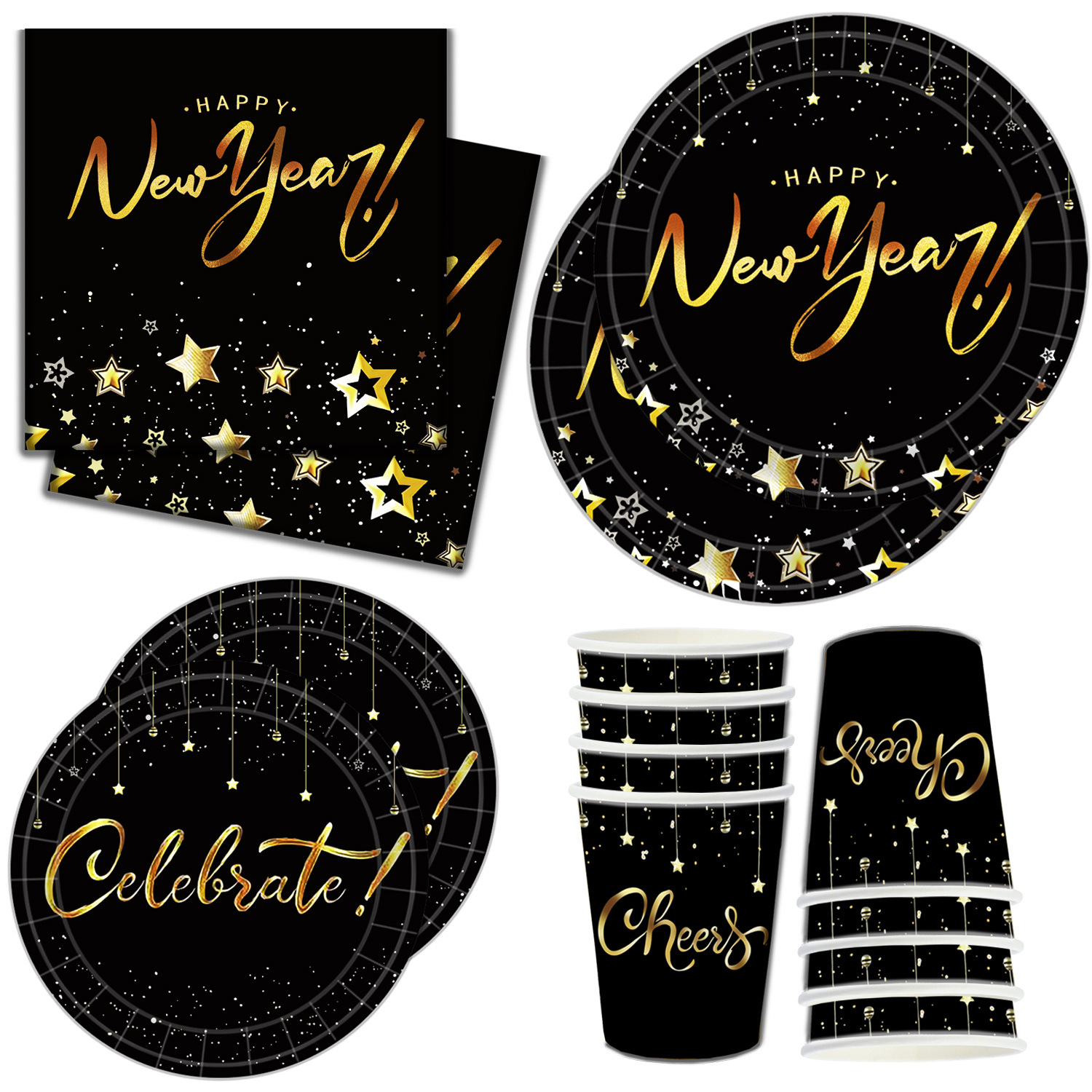 New Year Christmas New Year's Eve Party Paper Plate Tissue Paper Cup Disposable Tableware Black Gold Christmas Party