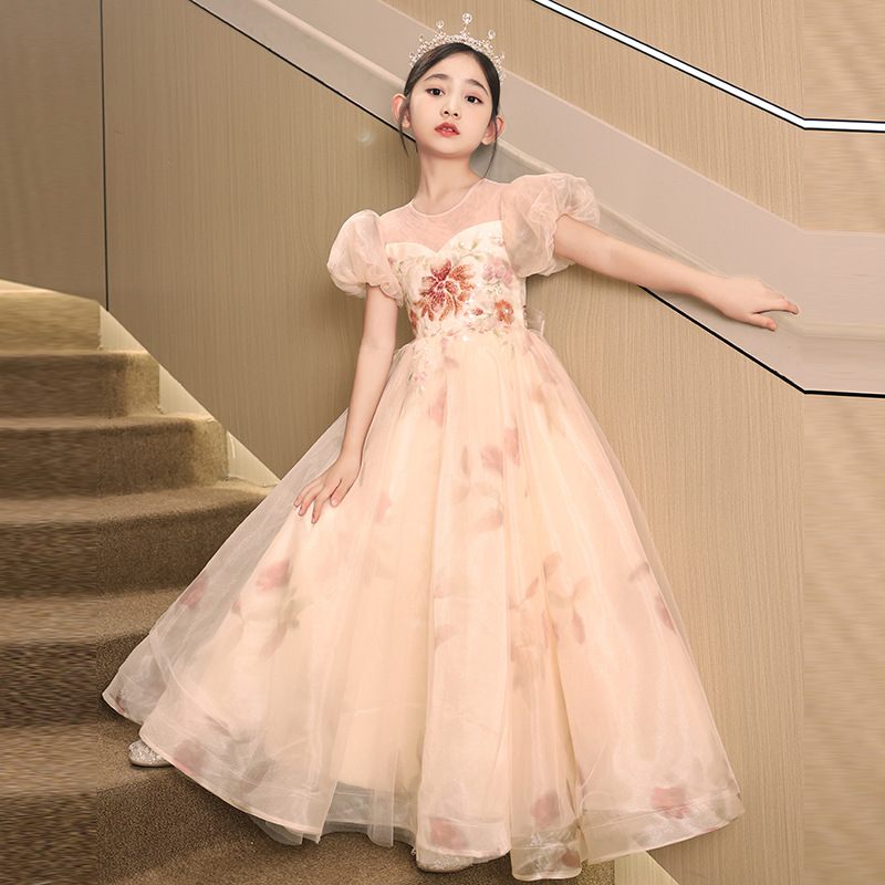 泡泡袖女童禮服公主裙花童婚禮主持人甜美走秀蓬蓬紗兒童表演禮服